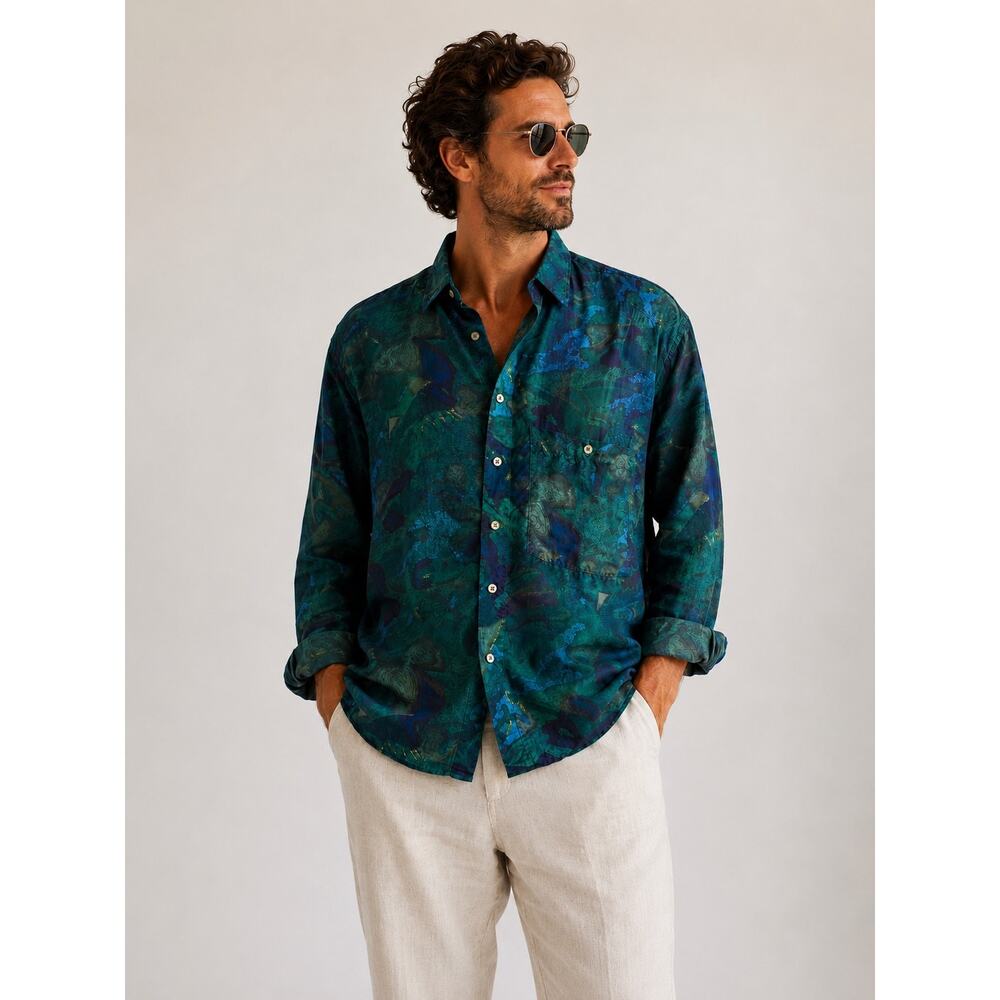Vintage 90s Protest 100% Silk Abstract Print Button Front Shirt Men’s Size S